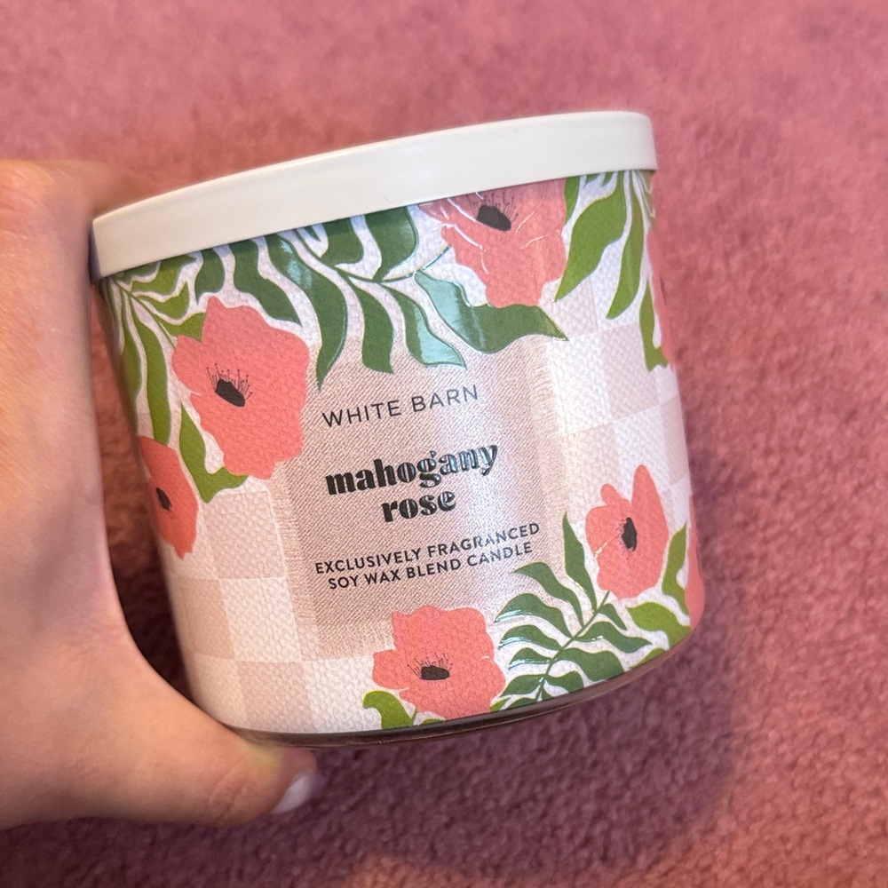 New White Barn Mahogany Rose Candle with Pink and Green Design